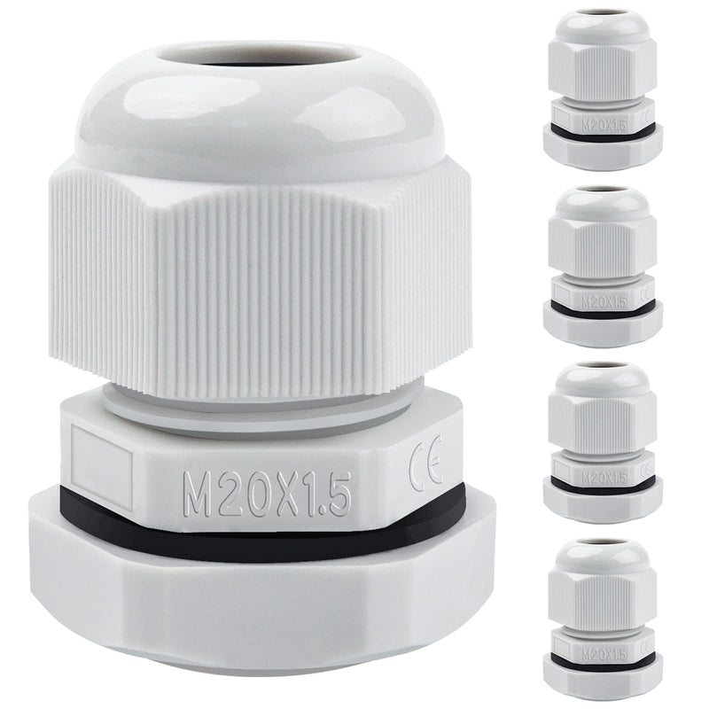 Pack of 5 Cable Glands M20, Hanibos Cable Feed-Through Waterproof IP68 Cable Entry Grey Adjustable Cable Glands for Outdoor Garden Control Box Junction Box M20-5Pcs