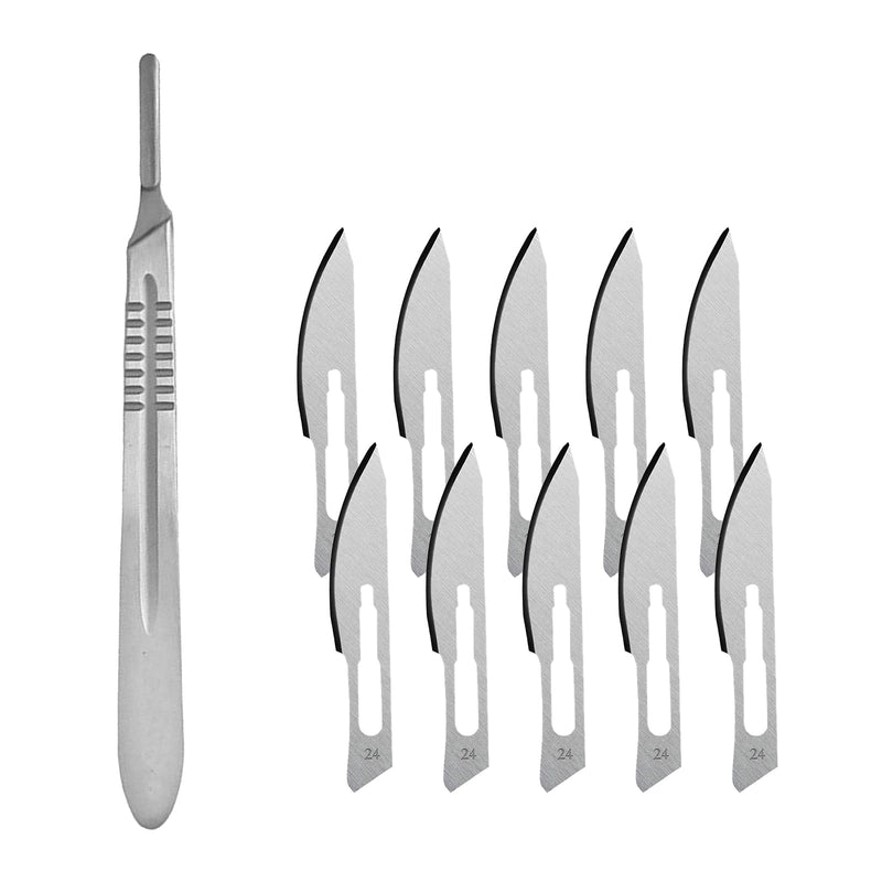 Scalpel Blades, Scalpel Foot Care, Scalpel Blades, Scalpel Holder No. 4 Rustproof, Pack of 10 Scalpel Blades Made of Carbon Steel - Replacement Blades Individually Sterile Packed + Scalpel Holder - No. 24, Silvery