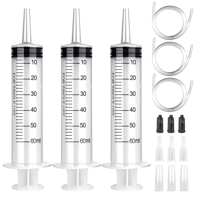 60 ml syringe with hose, 3 pieces reusable syringes 60 ml (50 ml) set, syringe without needle for scientific laboratories, garden irrigation, industry
