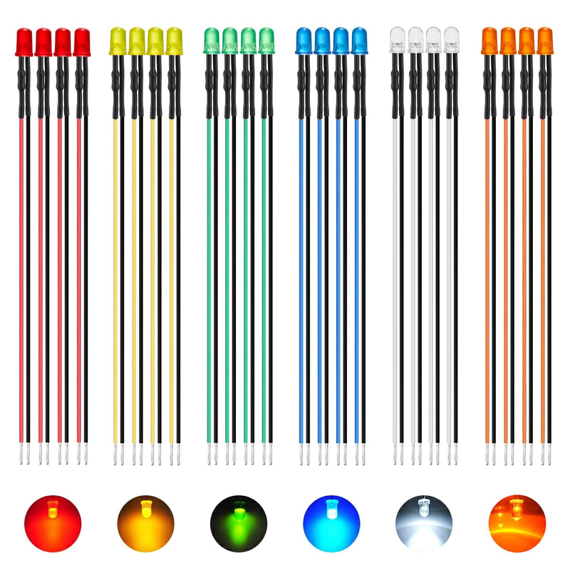 [AUSTRALIA] - AUKENIEN 60 Pieces 5 mm 12 V Pre-Wired LED Light Emitting Diodes Assortment Kit 12 Volt Round Head Diffuse LED Diodes Light Emitting Diode Set 6 Colours White Red Yellow Green Blue Orange (10 Pieces 5MM PW LED DIODE 