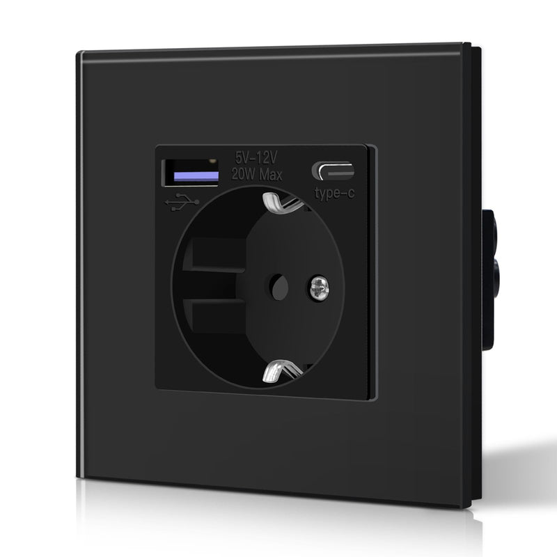 BSEED Glass Socket with 20 W USB C, Quick Charger Wall Socket, 3-in-1 Flush-Mounted Sockets, Easy Installation, 240 V 16 A, 86 mm Single Black 1-gang