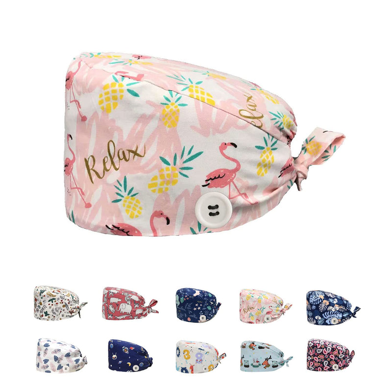 [AUSTRALIA] - Siribelle Surgical Caps, Women's Men's Cotton Surgical Hat, Adjustable Chef's Hat, Long Hair, Dentist Chef Unit size Pink Flamingos 