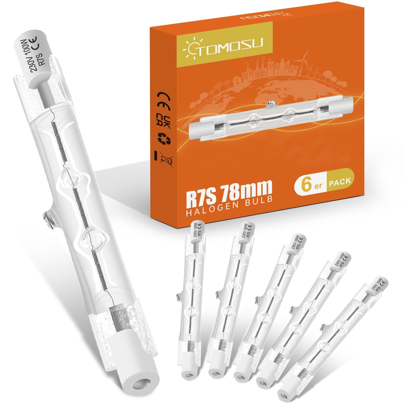 Tomosu R7s Halogen Rod 78 mm 100 W Dimmable Halogen Light Bulbs R7s Warm White 2800K 1800LM 230V J78 Halogen Floodlight for Work Lights, Landscape Lights, Floor Lamps Pack of 6 78mm 100W