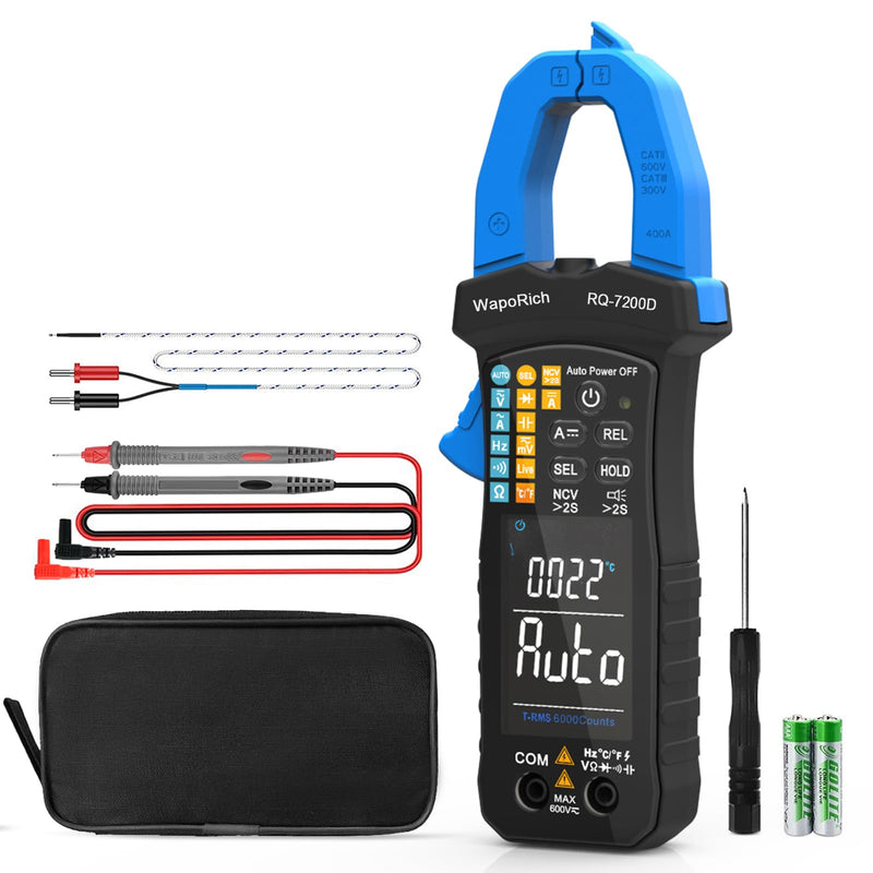 Digital Clamp Meter TRMS 6000 Counts Multimeter, WapoRich Ammeter Voltmeter Tester with Auto Range NCV Measures AC DC Voltage Current Resistance Continuity Capacitance Diodes Temp Frequency RQ-7200D