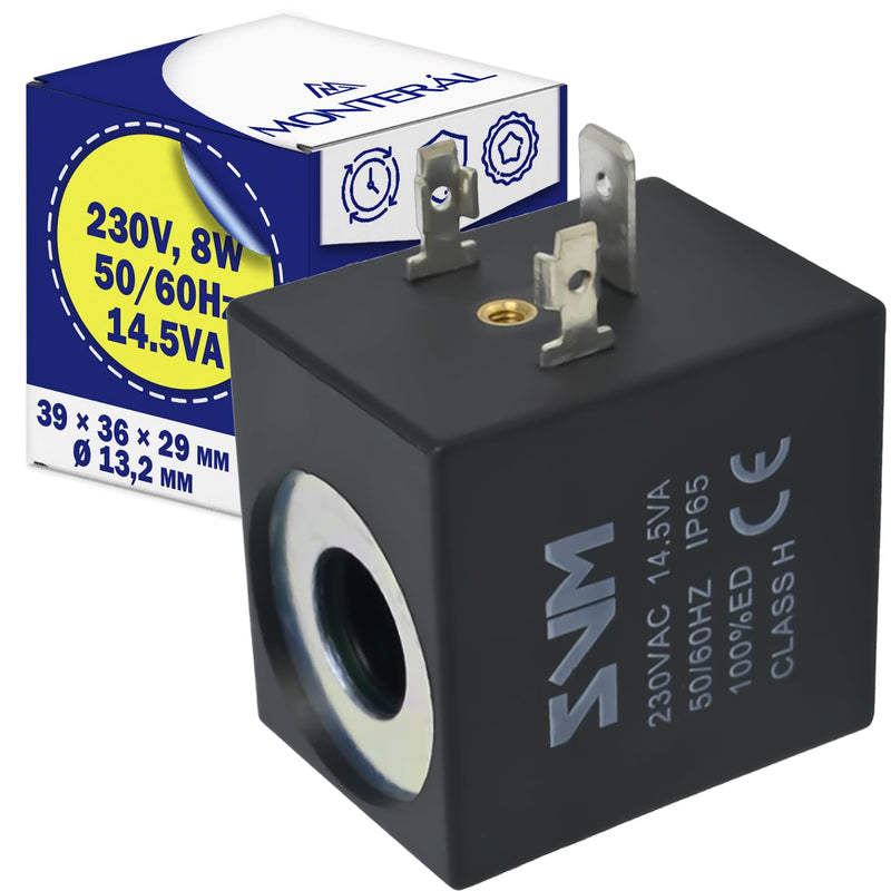 Coil for Solenoid Valve 39 x 36 x 29 mm Diameter 13.2 mm Class H IP65-230V 8W 50/60Hz 14.5VA MONTERAL
