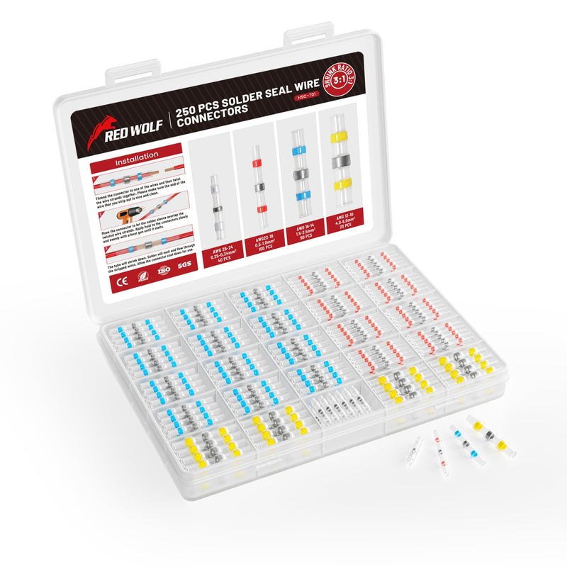 [AUSTRALIA] - RED WOLF Solder Connectors, Heat Shrink Connectors, Pack of 250, Heat Shrink Welding, Butt Connectors for Automotive, Marine, Home, Waterproof Welded Connector Kit, Solder Seal Wire 