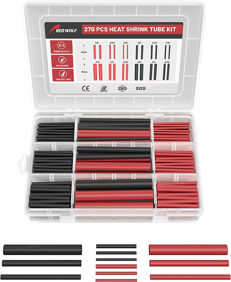 [AUSTRALIA] - RED WOLF Heat Shrink Tube Set with Adhesive 3:1 Shrink Ratio Double Wall Heat Shrink Tube Waterproof Heat Shrink Tube Red & Black 270 Pieces 