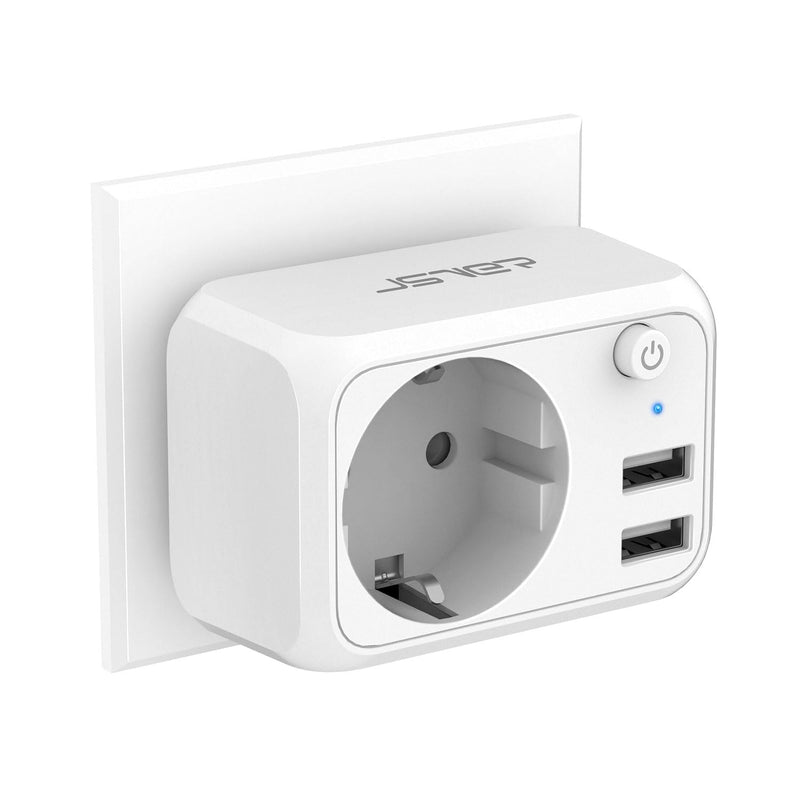 JSVER USB Socket 4000 W with 2 USB Ports, Socket Adapter USB Adapter Socket Schuko Plug with USB Charger, Charging Plug USB with Switch for Phone and Household Appliances, White