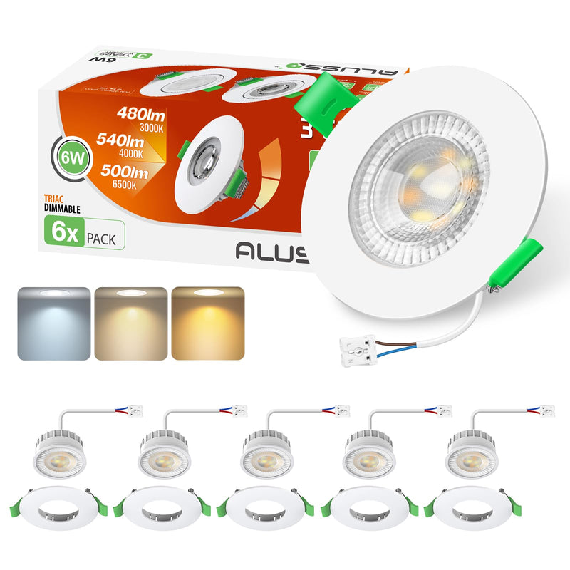[AUSTRALIA] - ALUSSO LIGHTING LED Recessed Spotlight, 230 V, Dimmable Flat, Spotlights, 6 W, 68 mm with Removable Module, 3CCT Warm White, Natural White, Cool White, IP44 Recessed Lights, Ceiling Spotlights for Set of 6 White Fixed - 3 Cct, Hole Size Diameter 68-75 Mm 