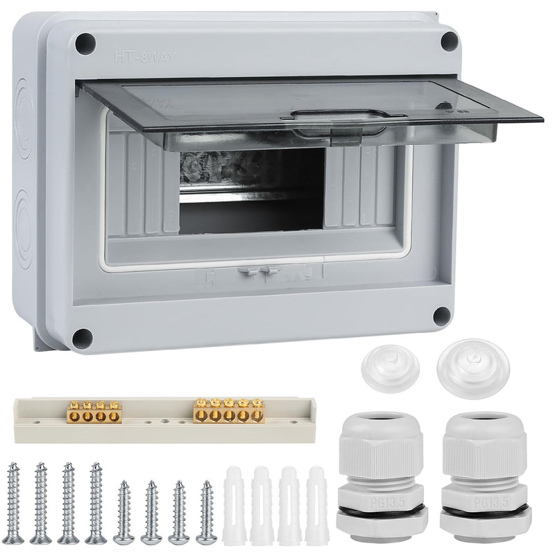Surface Mount Fuse Box Distribution Box Surface Mount Small Distribution Box IP65 1 Row 8 Modules Wet Room Surface Mounted Distributor with Clamp for Outdoor Garden Farm Shop 8 Wege