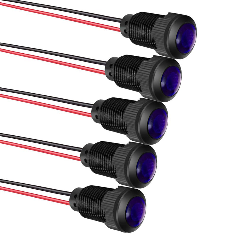 5pcs LED Plastic Indicator Pilot Light AC/DC 12-24V Mounting Hole Size 12mm(Blue) blue/AC/DC 12-24V/black shell