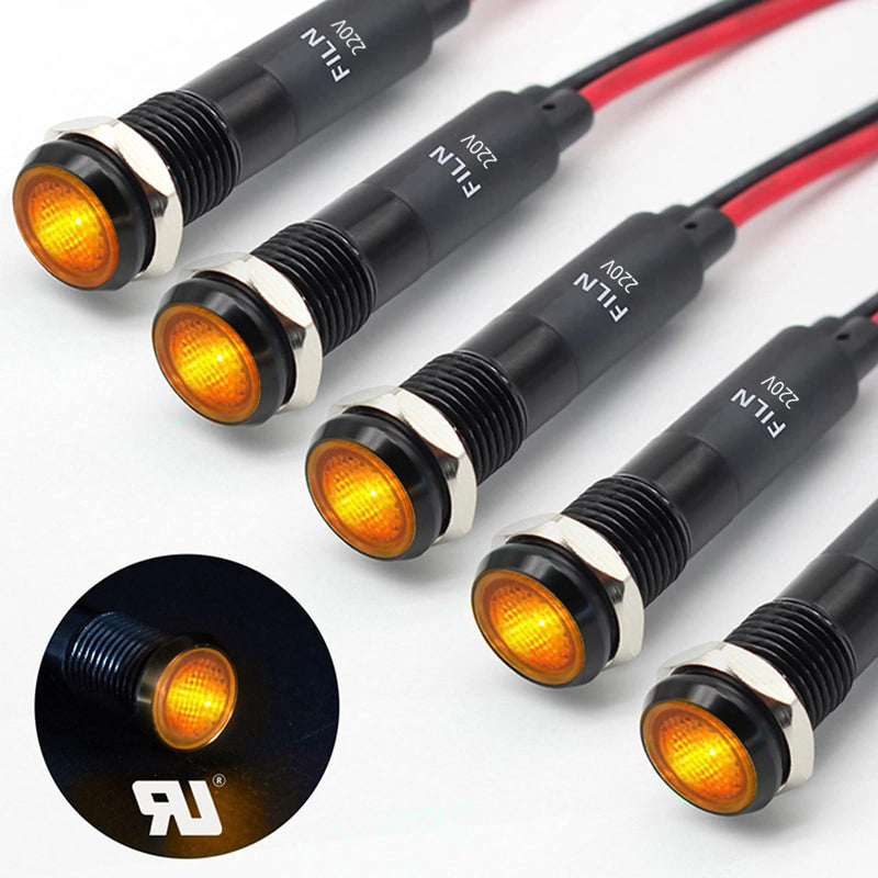 FILN 5 Pieces 8 mm (5/16 Inch) 220 V LED Indicator Light Waterproof Pilot Signal Lamp Indicator Light Metal Panel Lights (220 V Black Anodised Yellow, Pack of 5) Schwarz eloxiert-220V