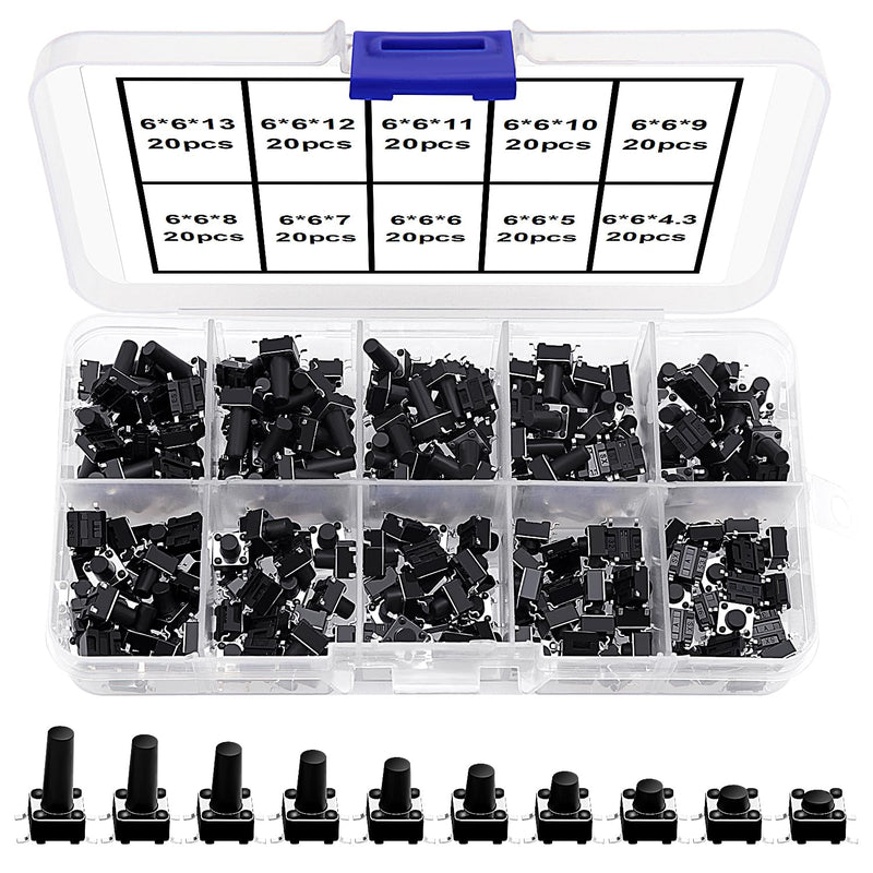 VooGenzek 200 Pieces 10 Values Micro Momentary Tactile Push Button Switch, 6 x 6 mm Tactile Push Button Switch, Button Micro Tactile Switch Kit, Black 6x6mm - Black - 200pcs