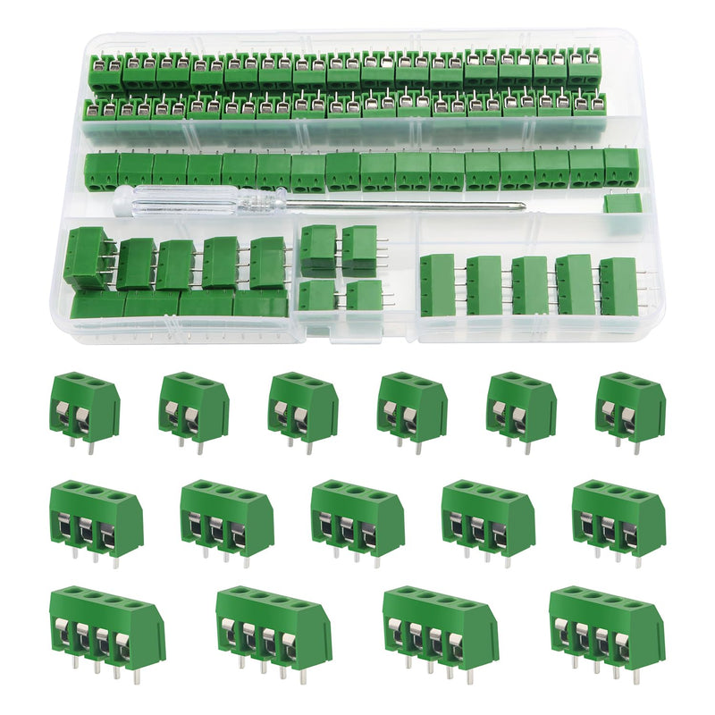 YIXISI PCB Mount Screw Terminal Block, 5 mm 2 Pin / 3 Pin / 4 Pin Screw Terminal Connector for Arduino DIY Project (85 x 2 Pin, 10 x 3 Pin, 5 x 4 Pin, Green) 2P+3P+4P