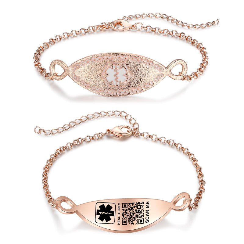 Upgraded Medical Bracelets Men Women with QR Code Medical Alert ID Bracelets - Titanium Steel Wristband Fits Wrists Up 8''-10'' - More Space Custom Emergency Med ID Info 7~8.85‘’ Cable Chain - Rose Gold