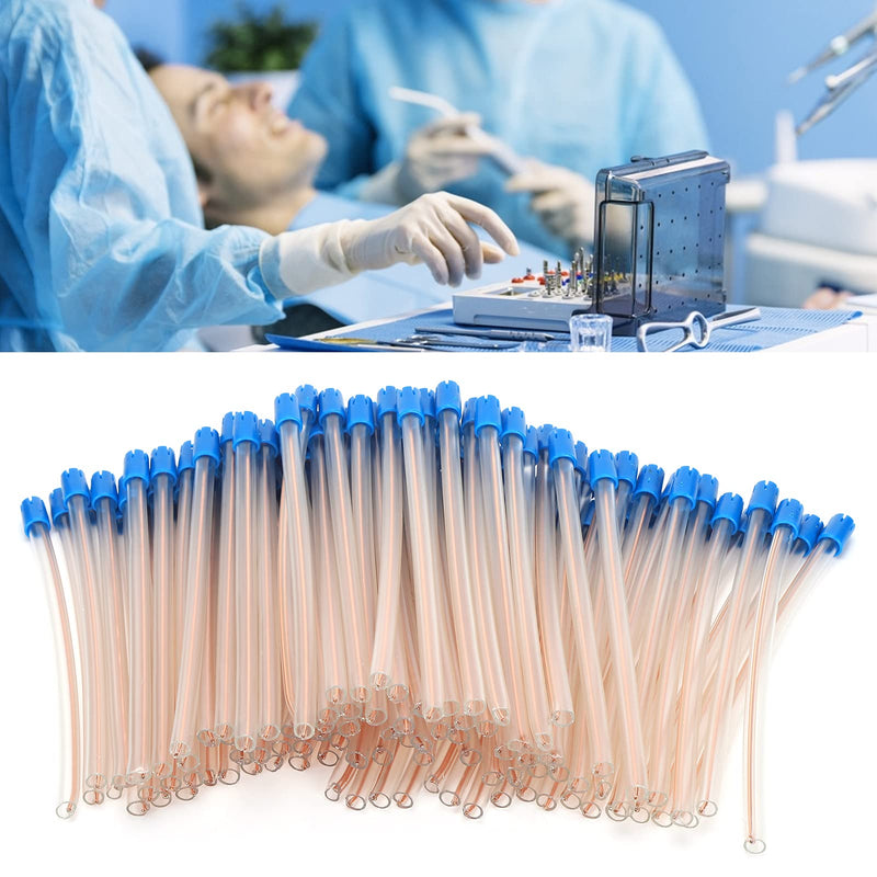 Pack of 100 Disposable Saliva Straws, Oral Care Sticks, Latex-Free Suction Tips, Flexible Transparent Tube with Blue Tips, Oral Care Accessories