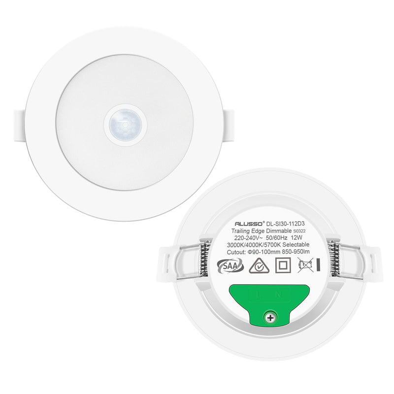 ALUSSO LED Recessed Spotlight, 230 V with PIR Motion Sensor, Flush-Mounted LED Spotlights, 12 W, IP44, Warm White, Neutral White, Cool White, Recessed Lights, Ceiling Spotlights, Pack of 2 12 W White - Diameter 113 Mm, Hole Size 90-100 Mm 2 Pack