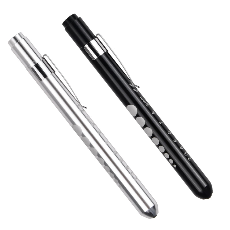 Jinlaili Pack of 2 Reusable Diagnostic LED Pen Lamp, Torch Light Pen with Pocket Clip, Medical Pupil Light, for Nurses, Doctors, Students (Black and Silver)