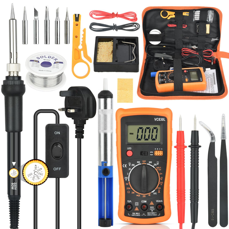 Soldering Iron Set, Soldering Iron 60 W Adjustable Temperature 200-450 °C Soldering Iron Gun Set Welding Tool with LCD Digital Multimeter, 5 Soldering Tips, Desoldering Pump, Tin Wire Tube, Soldering Style 4