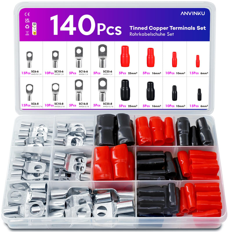 ANVINKU Pack of 140 Tube Cable Lugs, 25 mm² 16 mm² 10 mm² 6 mm² Cable Lugs Set for Car Battery Cable Set, 70 Tube Cable Lugs Set + 70 Sleeves, SC Tube Terminal Set, Cable Lugs for Car Boats 140pcs
