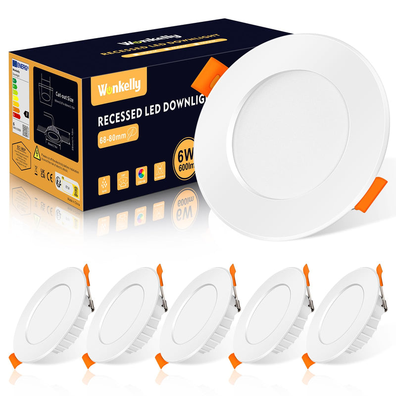 LED Recessed Spotlight 230 V, 6 W Flat Ceiling Spotlight, LED Spot IP44, Warm White 3000 K Ceiling Spotlights, 600 LM, 68-80 mm Installation Diameter, Bathroom Recessed Lights for Bathroom, Kitchen,