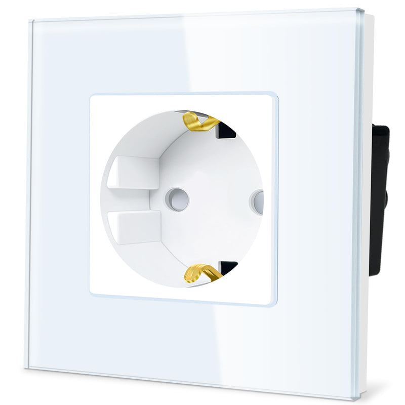 TAWOIA Schuko Socket, EU Standard 1 Compartment Socket Glass Flush-Mounted Socket, Sockets with Crystal Glass Plate, Wall Sockets, White, 86 x 86 mm 1-gang