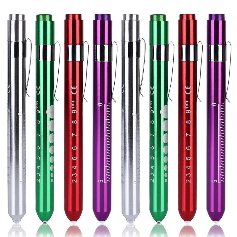 Leikurvo LED Pen Lamp for Doctors: Pack of 8 Aluminium Medical Penlight, Diagnostic Function, for Nurses and Emergency Services (Red, Purple, Green, Silver)