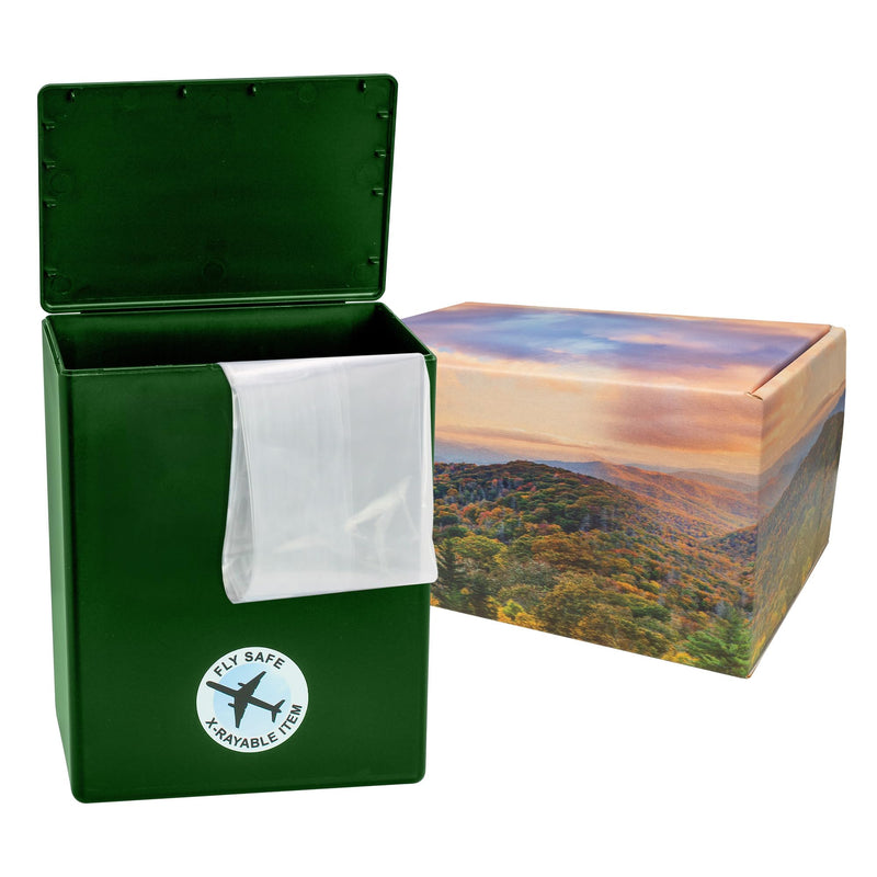 Mountain Themed TSA Approved Fly-Safe and Temporary Travel Cremation Urn Kit for Human Ashes - Airline and Mail Friendly - 200 Cubic Inch Capacity - Green Plastic Urn with Mountains Mailing Box Mountain