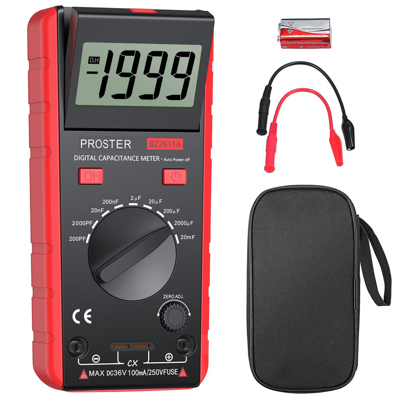 Proster Digitales Kapazitätsmessgerät 200pF-20mF Messgerät Kondensator Handmultimeter Tester für Anfänger mit drehbarer LCD-Anzeige Rot-vereinfachte Version