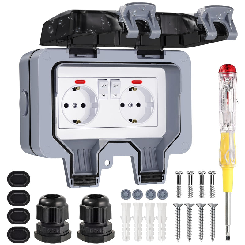 Outdoor Socket Waterproof 2-Way Outdoor Socket IP66 with Switch Indicator Light, Outdoor Socket Wall Socket Garden Socket with Lockable Hinged Lid for Garden Outdoor Wet Rooms 2-way external socket