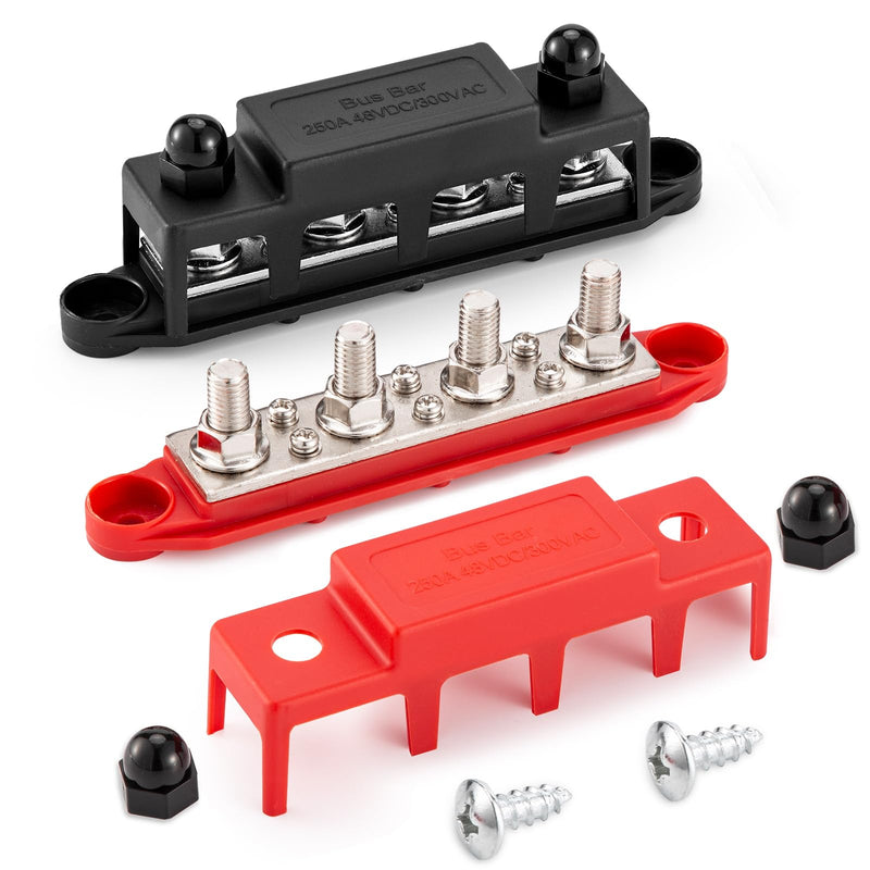 250 A 12 V Busbar 4 x M8 (5/16 Inch) Terminal Bolts DC Bus Bars Distribution Block with Cover, Negative & Positive High Performance Module BusBar Box for Car, Boat, Solar System (M8)