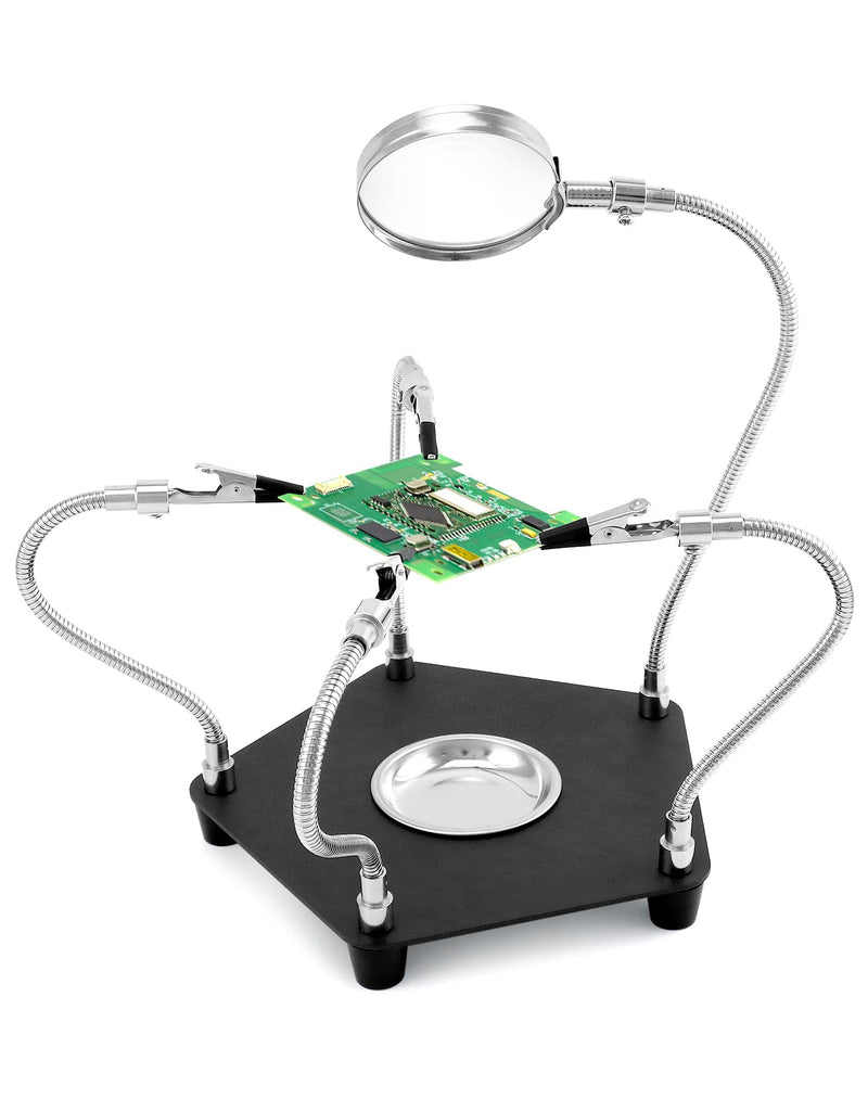 QWORK® Third Hand Soldering Station with 3 x Magnifying Glass and 4 Flexible Arms, Soldering Aid for Electronics, Jewellery, Crafts and More