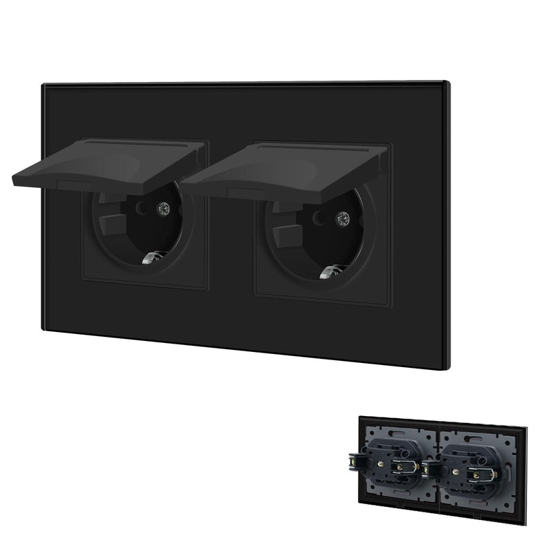 [AUSTRALIA] - BSEED 2-Way Socket with Waterproof Cover, Schuko Socket with Plug-In Terminal, Flush-Mounted Socket with Crystal Glass Plate, Double Socket, Built-in Socket, 16 Amp, Wall Socket, 157 mm, Black 2 compartments with waterproof cover 