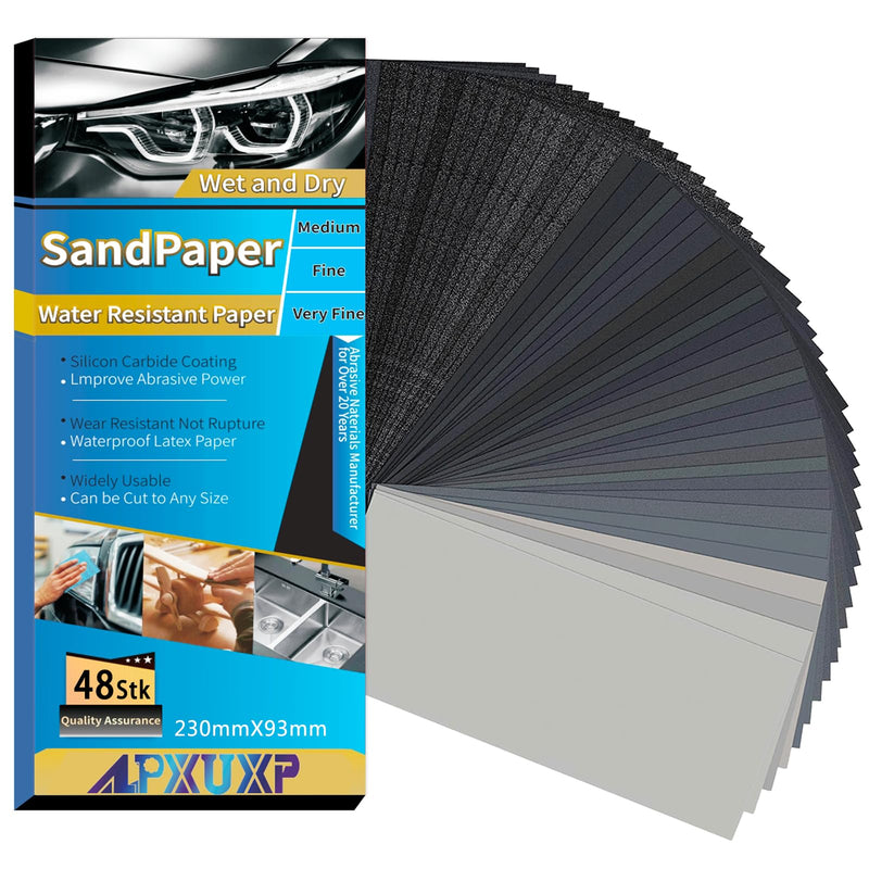 ALPXUXP Sandpaper Set of 48 Wet and Dry Professional Water Emery Paper for Car, Metal, Wooden Furniture, Stone, Varnish, Glass, Grit 120/180/240/400/600/800/1000/1200/1500/2000/3000/5000, 23 x 9 cm (120 to 5000) 48 pieces