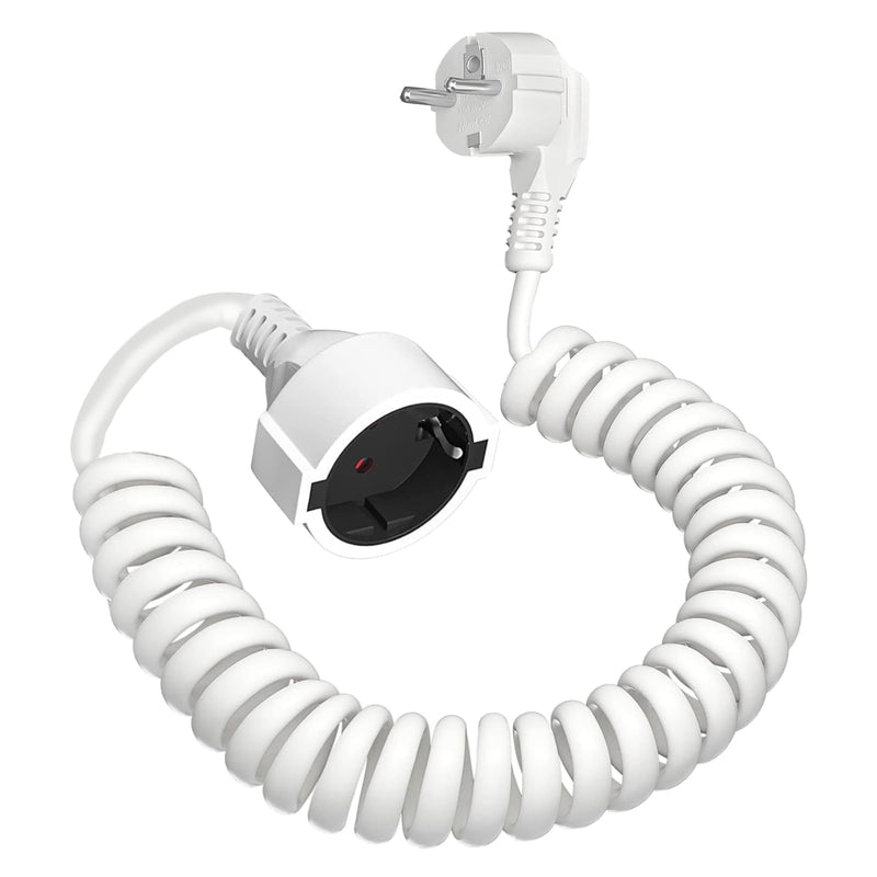 Protective Contact Extension, Spiral Extension Stretchable from 0.58 m to 2 m Max, IP20 Extension Cable, Extension (230 V/16 A), Spiral Cable with Schuko Plug and Coupling, White