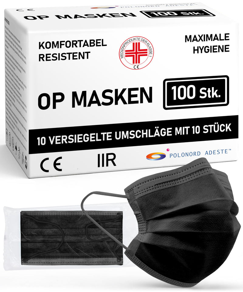 ADESTE 100 x Black Disposable Surgical Masks Type IIR, 3-Ply, Splashproof, Compliant with UNI EN 14683:2019+AC:2019, BFE >98%