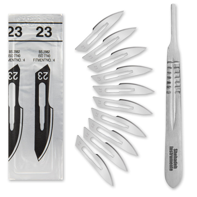 Set of 10 Sterile Scalpel Blades Figure 23 Made of Carbon Steel - Replacement Blades + 1 x Shehadeh - Scalpel Holder - Stainless Steel