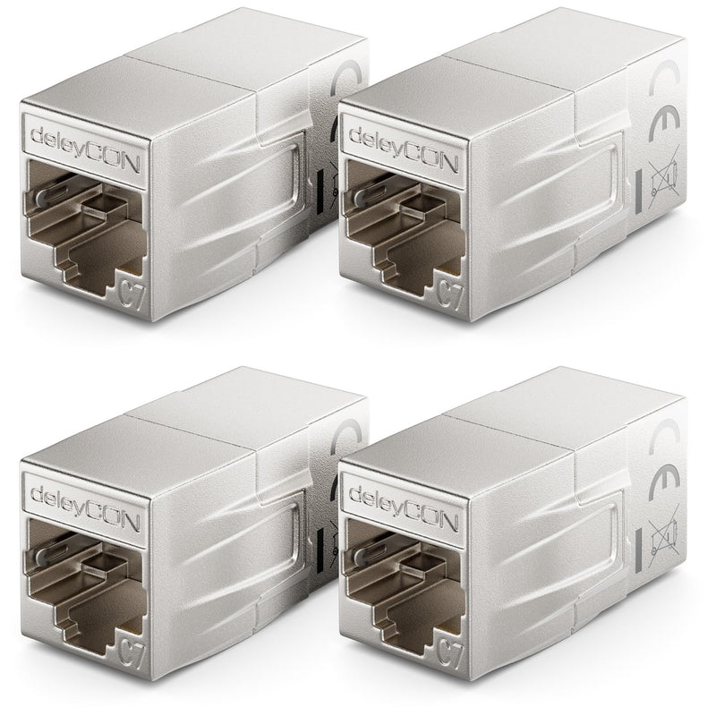 deleyCON Pack of 4 RJ45 Coupling CAT 7 (10 Gbps, 600 MHz) Connector CAT7 Extension Ethernet Adapter Metal Compatible with Cat8, Cat7, Cat6, Cat5 Patch Cable LAN DSL POE 2X RJ45 Socket, Silver 4 Stück