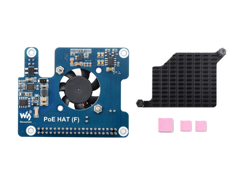 Waveshare PoE HAT (F) Compatible with Raspberry Pi 5, High Power, Onboard Cooling Fan, with Metal Heatsink, Supports 802.3af/at Network Standard