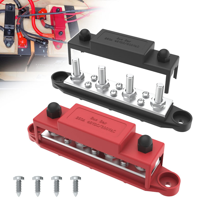 Upgraded Bus Bar 250A 12V Power Distribution Block with 5/16" (M8) 4-Posts Terminals Block with Cover for Automotive, Marine, Battery System (Black & Red) Upgrade250A-5/16''(M8) Black & Red