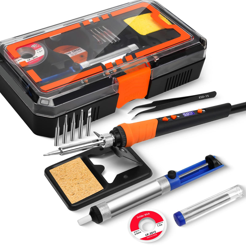 [AUSTRALIA] - Soldering Iron, 90W Soldering Kit, LCD 12-in-1 Soldering Tool, Adjustable Temperature 200-500°C, with 5 x Replaceable Soldering Iron Tips, Desoldering Wire, Lead-Free Soldering Wire, Desoldering Pump, Orange Colour. 