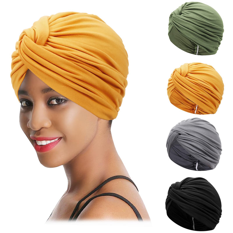 [AUSTRALIA] - XEPST 4 Pieces Turbans for Women, Soft Pre Tied Knot Turban Head Wraps Chemo Headwear Pleated Beanie Cap Sleep Hat One Size Black, Grey, Yellow, Green 