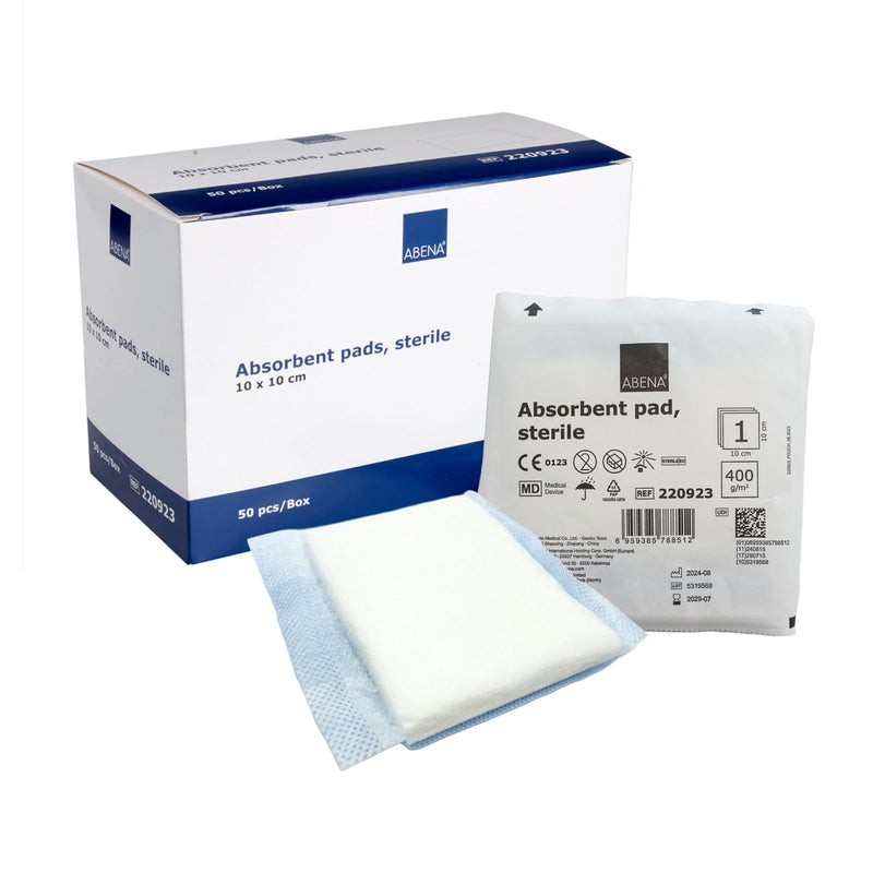 ABENA Absorbent Dressings 10 x 10 cm, Pack of 50, White, Sterile, Highly Absorbent Dressings, Absorbent Pad, Absorbent Pad, Latex Free, with Water-Repellent Backing