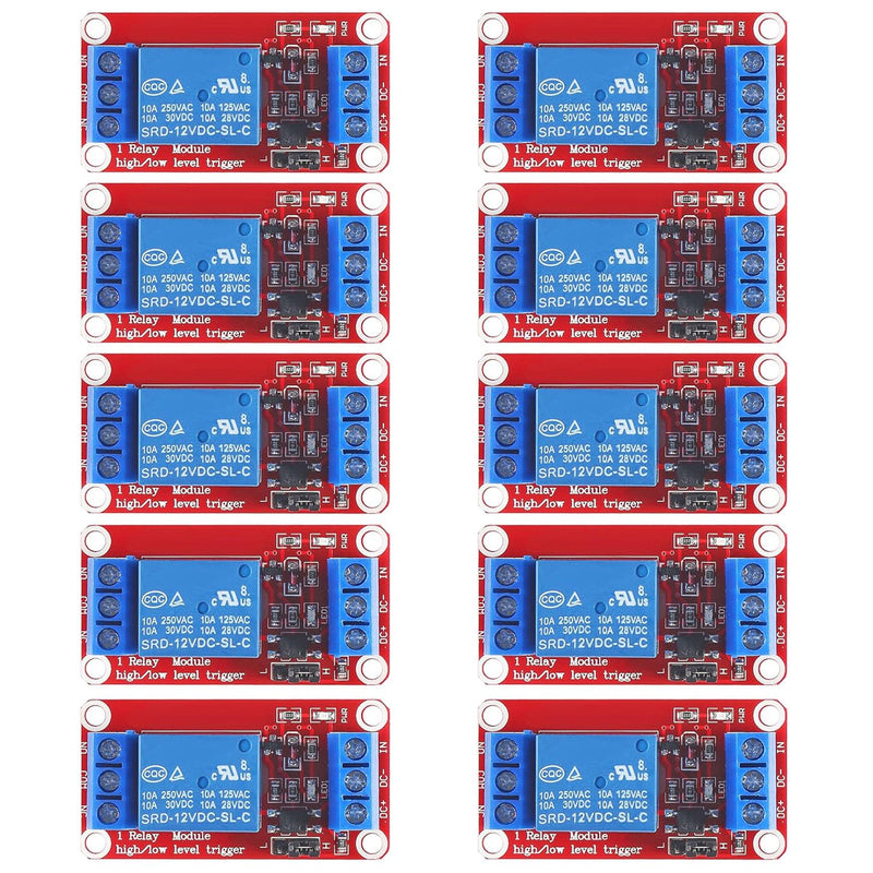 GTIWUNG One Channel Relay Module 12 V, 1 Channel Relay Board with Optocoupler Isolation, High Level Trigger Relay Module, Low Level Trigger Expansion Board, Relay Switch Module for Arduino Pack of 10 1 channel 12 V, red
