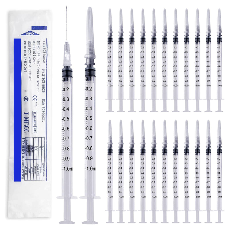 SPORWAY Pack of 100 Sterile Syringes, 1 ml Plastic Syringe with Needles with Caps, Colostrum Syringe 1 ml Dosing Syringe for Refilling and Measuring Liquids, Pet Feeding (White) White