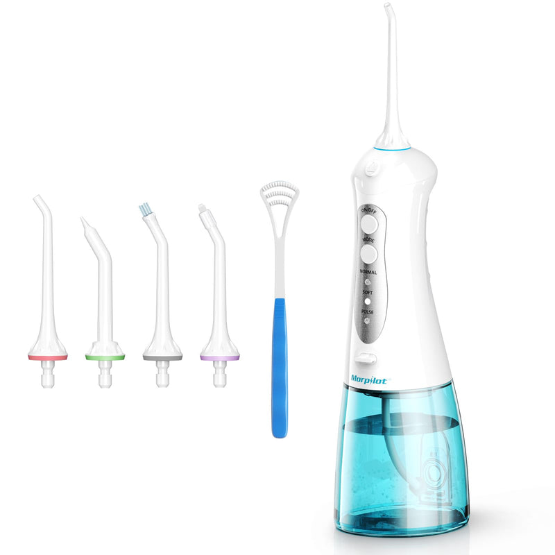 morpilot Portable Cordless Professional 3 Modes Oral Irrigator with 5 Nozzles 1 Tongue Cleaner IPX7 Waterproof Teeth Cleaning 300ml for Travel Home Use