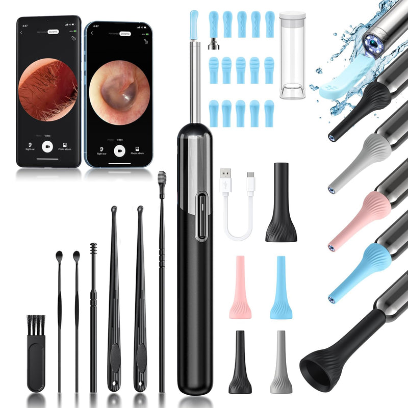 Qimic Ear Wax Remover Otoscope, WiFi Ear Cleaner with Camera, IP67 Waterproof Ear Camera, 360° Wide Angle Otoscope Camera with 6 LEDs for iPhone, Android Smartphones and iPad N5D 2-Black Grey