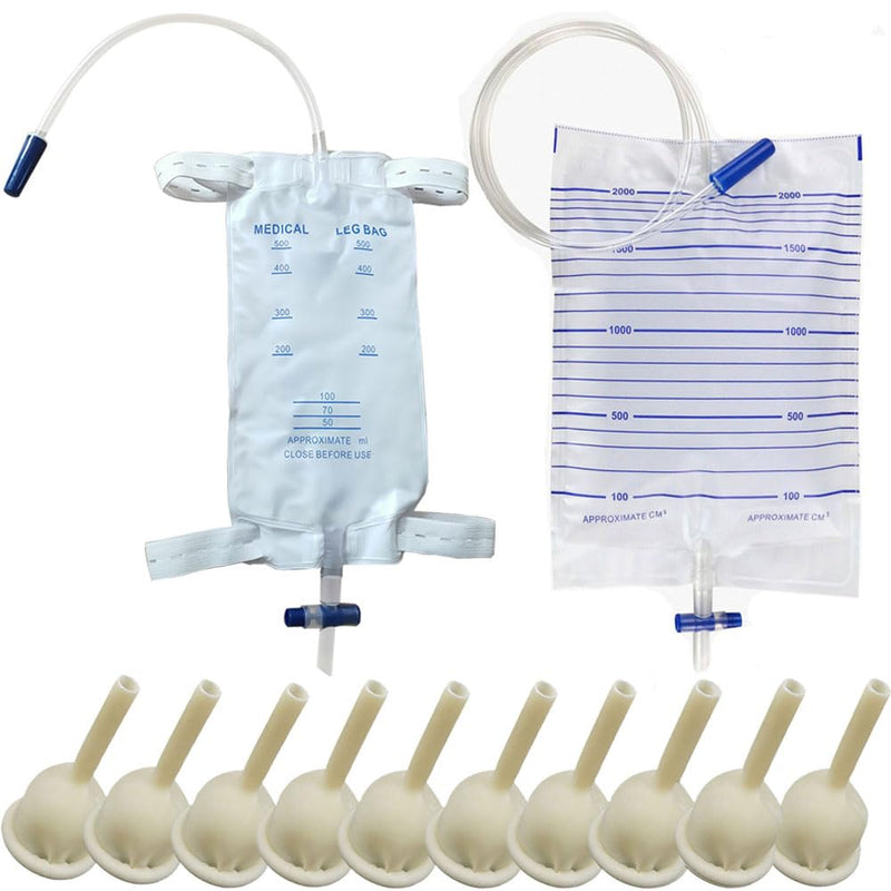 Pack of 10 External Condom Catheter + 2000 ml Urine Bag + 500 ml Leg Bag Urine Drainage Bag (35 mm/1.38 Inch) 500+2000ML-35MM
