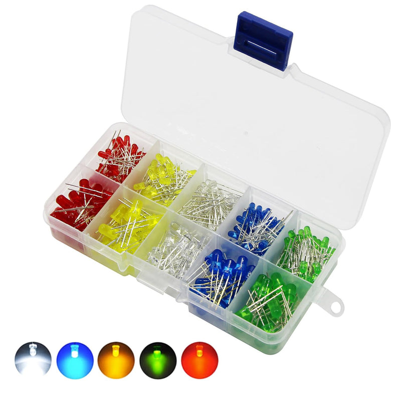 AQSQWQ Pack of 200 LED Light Emitting Diodes 5 mm LED Diodes 3 V Light Emitting Diode Assortment Kit 5 Colours Red Blue Yellow Green White Round Head 2 Pin Extra Bright LED Light, Diffuse Diodes Set