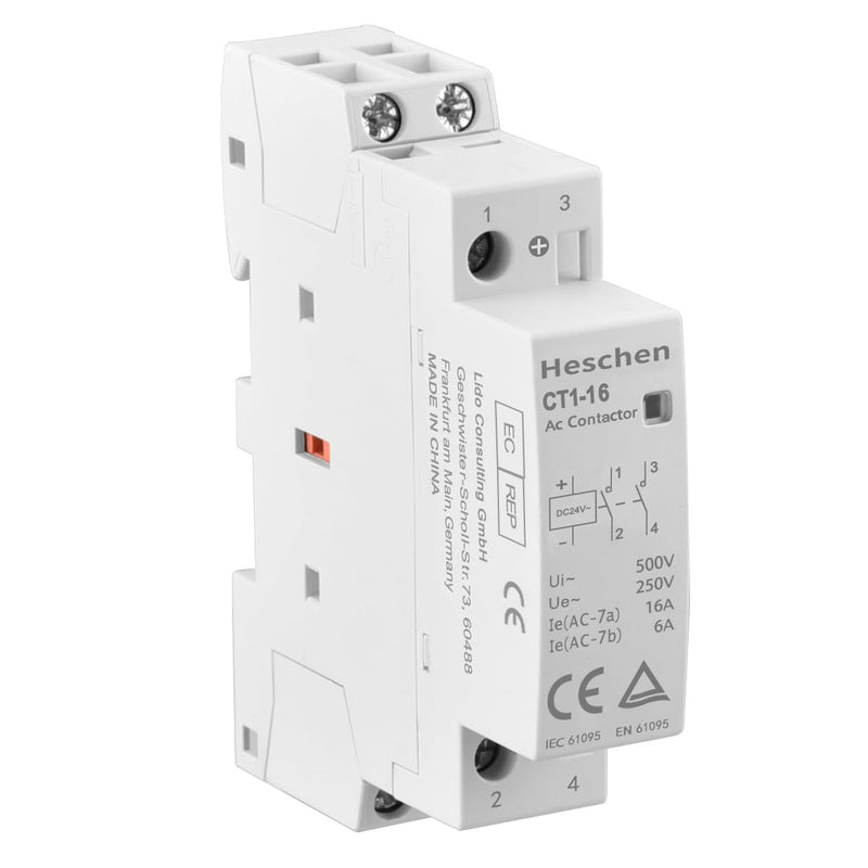 Heschen Household AC Contactor, CT1-16, Ie 16A, 2-Pole, Two Normal Open, DC 24 V Coil Voltage, 35 mm DIN Rail Mounting